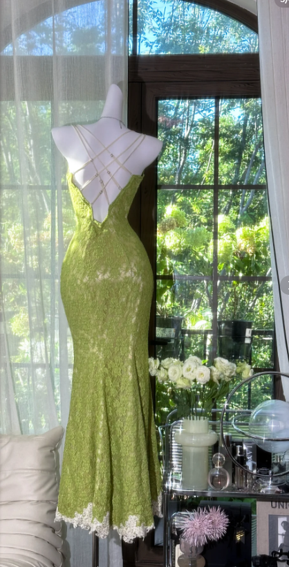 Spaghetti Strap Mermaid Lace Long Prom Dresses, Green Formal Evening Dresses HZ1024