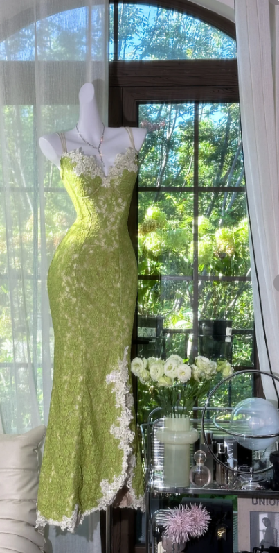 Vintage Spaghetti Strap Mermaid Lace Long Prom Dresses, Green Formal Evening Dresses EW067