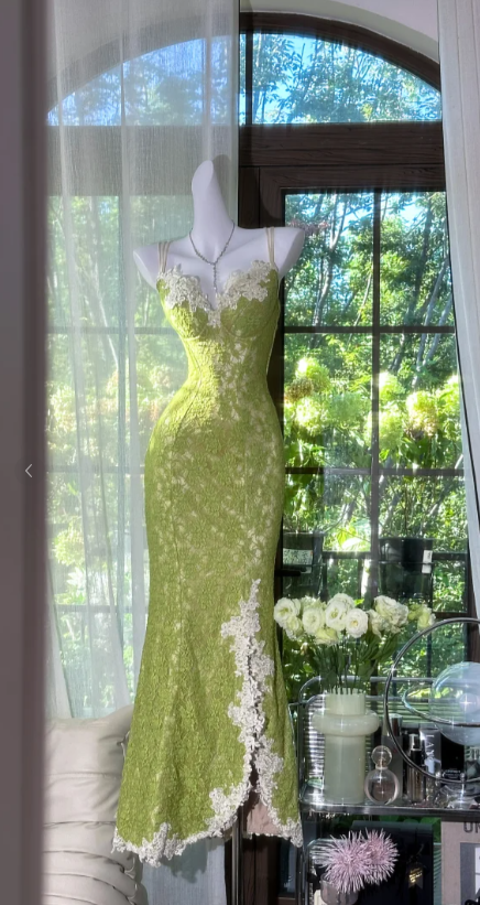 Spaghetti Strap Mermaid Lace Long Prom Dresses, Green Formal Evening Dresses HZ1024