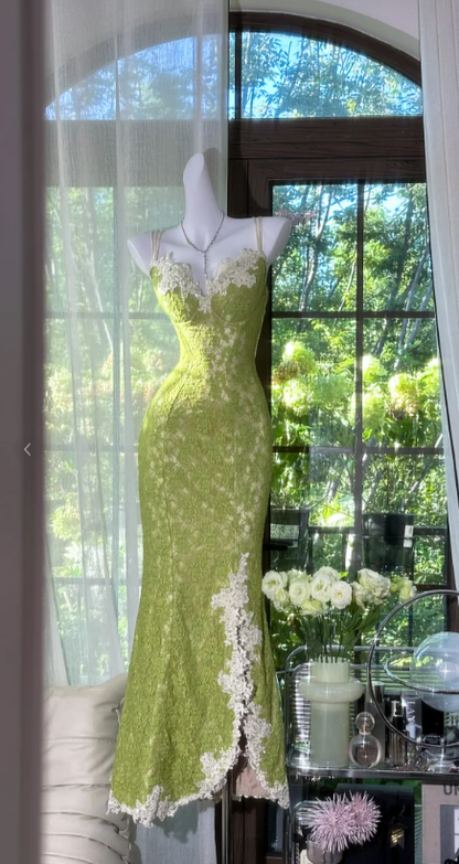 Vintage Spaghetti Strap Mermaid Lace Long Prom Dresses, Green Formal Evening Dresses EW067