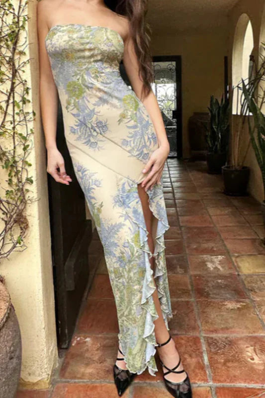 Strapless Sheath Print Chiffon Prom Dresses, Slit Formal Evening Dresses HZ1024