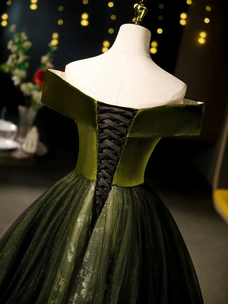 A-Line Off Shoulder Velvet Tulle Green Long Prom Dress, Green Long Formal Dress EW091