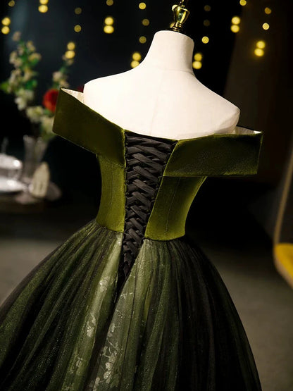 A-Line Off Shoulder Velvet Tulle Green Long Prom Dress, Green Long Formal Dress EW091