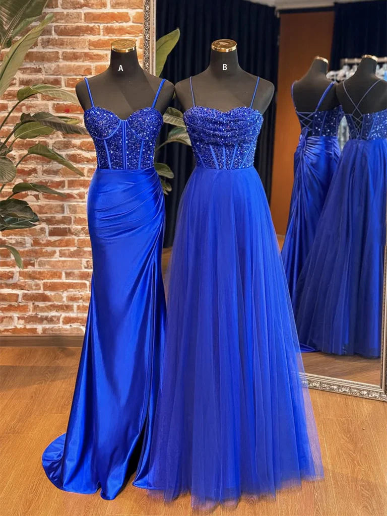 A-Line Sweetheart Neck Tulle Sequin Blue Long Prom Dresses, Blue Long Formal Dresses EW094