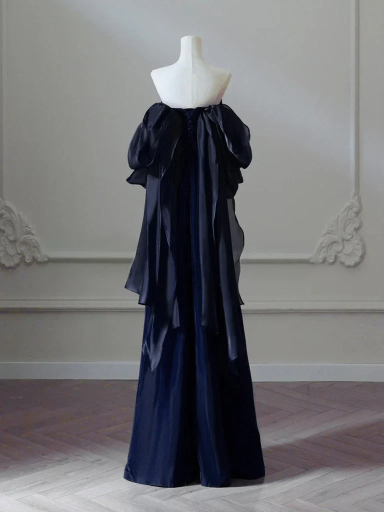 Simple Satin Sheath Long Prom Dress, Dark Blue Long Evening Dress EW096