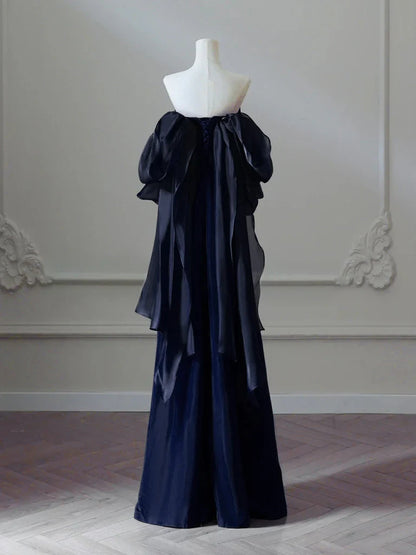Simple Satin Sheath Long Prom Dress, Dark Blue Long Evening Dress EW096