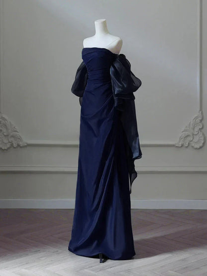 Satin Sheath Long Prom Dress, Dark Blue Long Evening Dress HZ1024