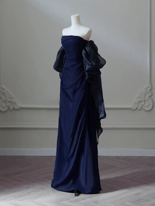 Simple Satin Sheath Long Prom Dress, Dark Blue Long Evening Dress EW096