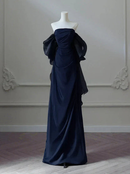 Satin Sheath Long Prom Dress, Dark Blue Long Evening Dress HZ1024