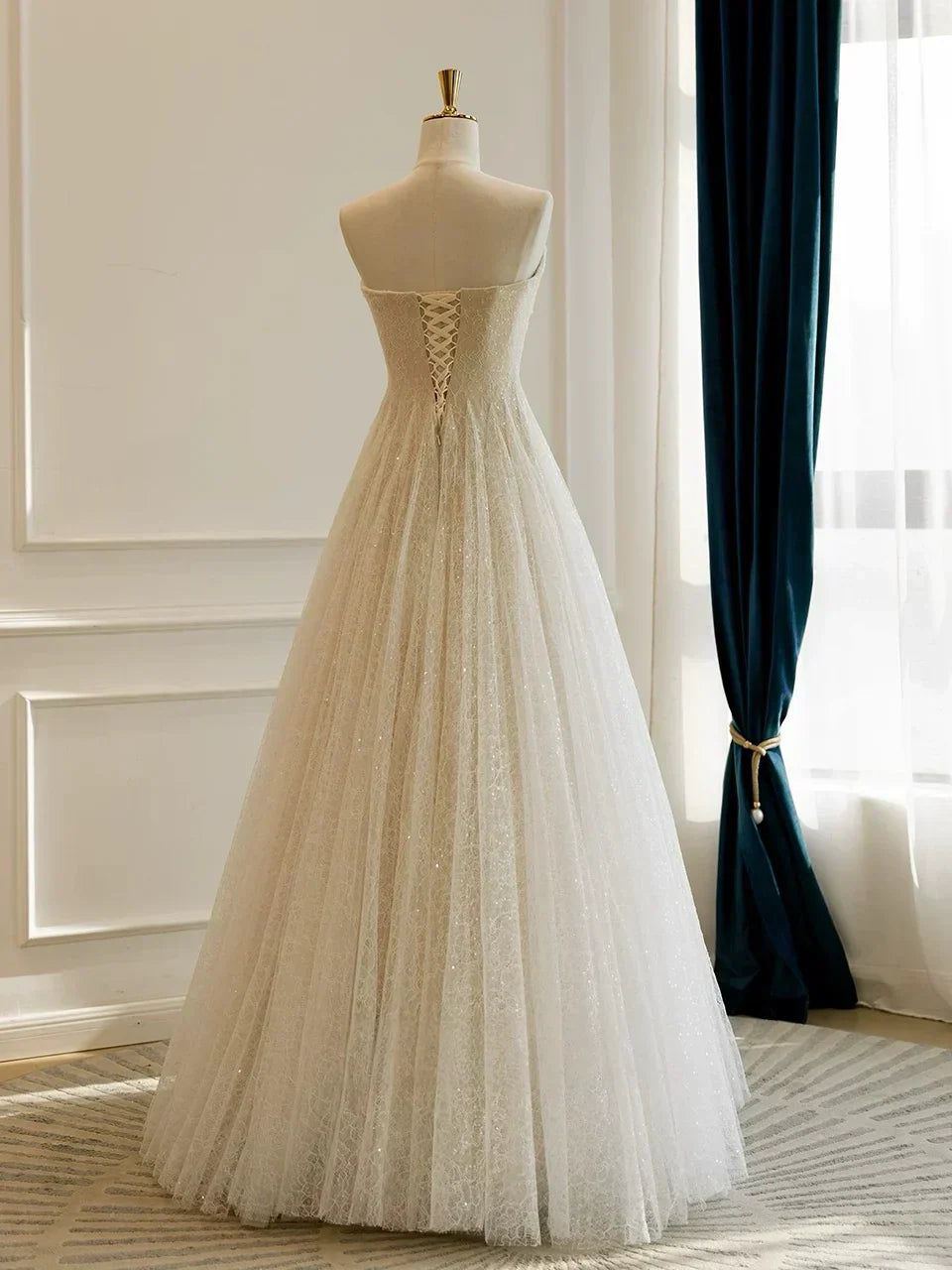 Tulle Lace Sequin Light Champagne Simple Wedding Dresses HZ1024