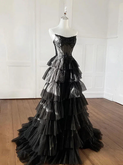 A-Line Tulle Applique Black Long Prom Dress, Black Long Formal Dress EW099