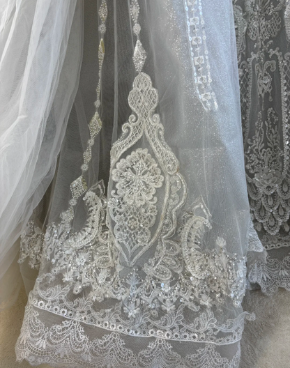 Vintage Silver Gray Tulle Lace Sequin Beaded Long Wedding Dress Formal Gowns SP1444