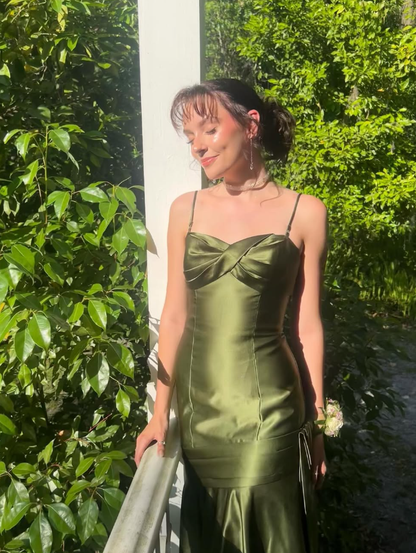 Vintage Mermaid Spaghetti Strap Green Satin Party Dress Evening Dress SH2822