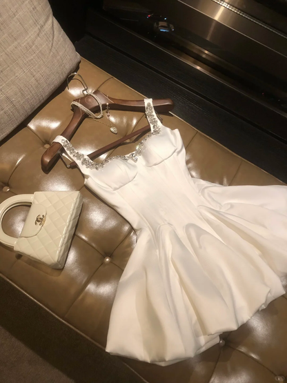 Classy White Satin Beaded A Line Short Birthday Outfits Homecoming Dress D240
