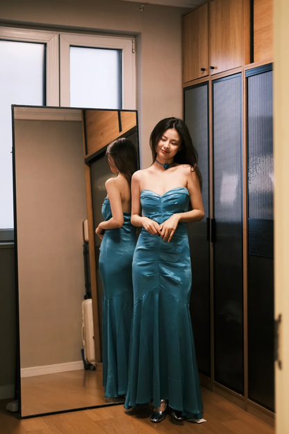 Gentle Mermaid Sweetheart Neck Pleated Blue Satin Party Dress Evening Dress SH2911