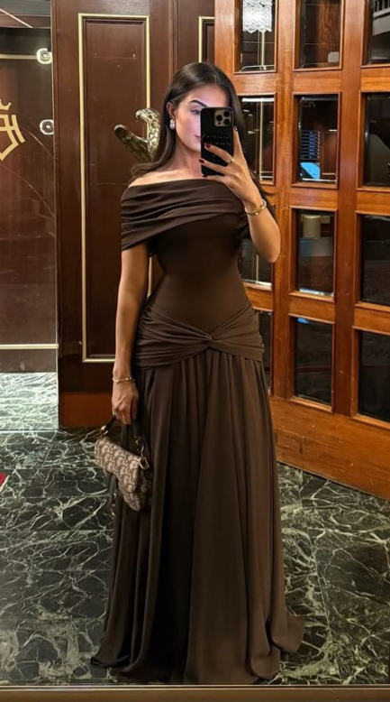 Vintage Off The Shoulder Satin Pleated Long Party Dress Wedding Guest Dress D1276