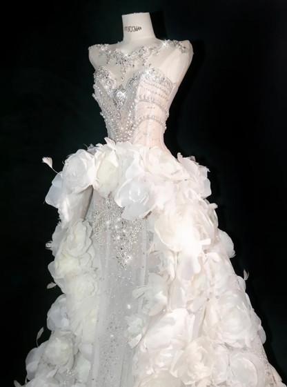 White Flower Exquisite Mermaid Rhinestone Tulle Strapless Prom Dress Evening Dress Party Dress SH3612