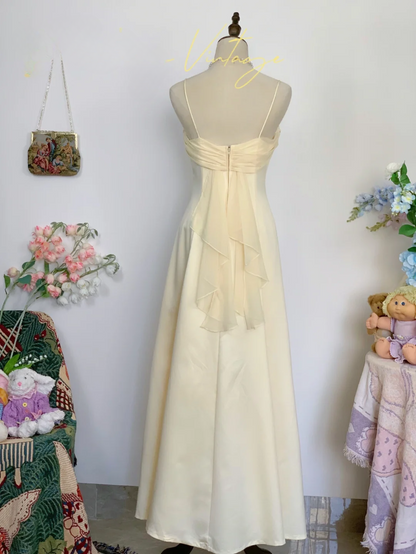 Vintage Yellow Simple A Line Spaghetti Strap Chiffon Satin Prom Dress Outfits SH4952