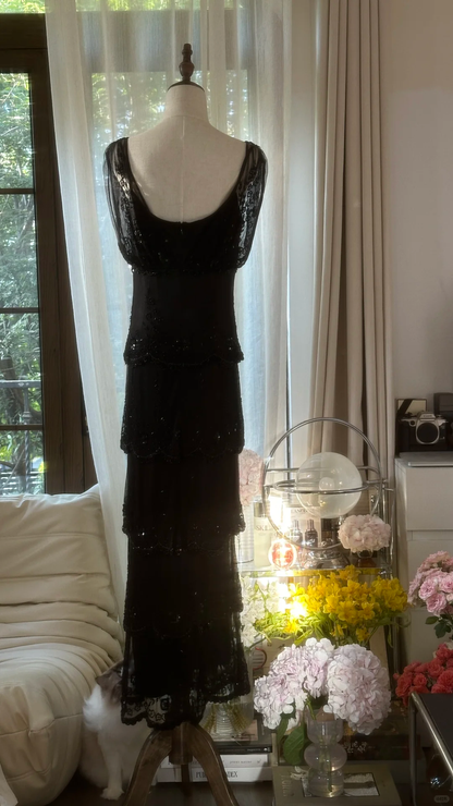 Charming Sheath V Neck Layered Beaded Black Chiffon Party Dress Evening Dress SH2964