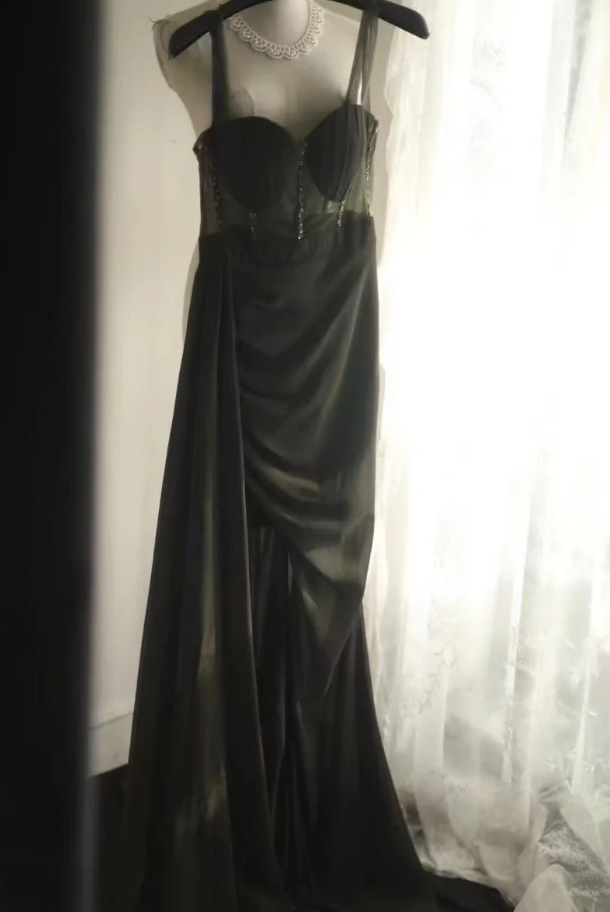 Vintage Green Spaghetti Straps Satin Beaded Mermaid Slit Long Evening Dress Party Gown D2202