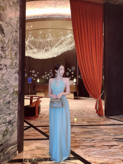 Gentle Baby Blue A Line Halter Beaded Chiffon Open Back Evening Dress Party Dress SH3482