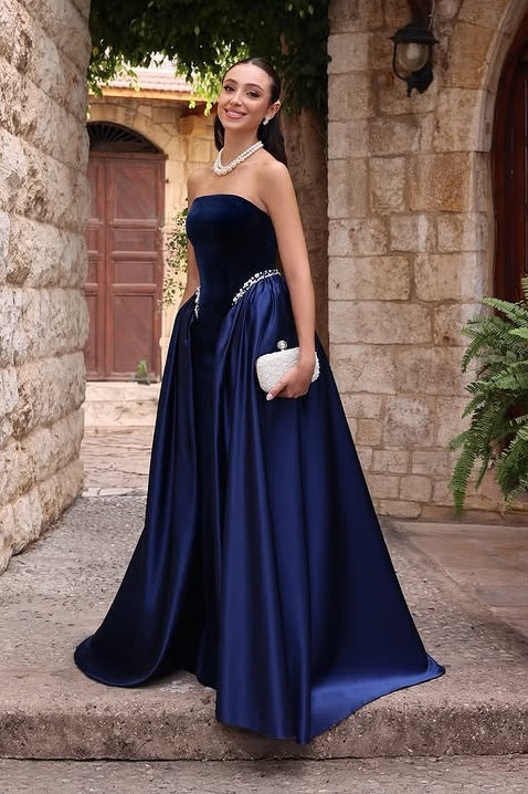 Elegant A-Line Strapless Two Tone Long Party Prom Dress With Pearls