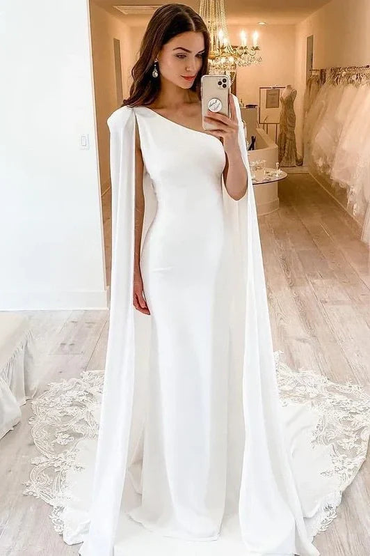 Elegant One Shoulder Fitted Wedding Dress With Lace Train