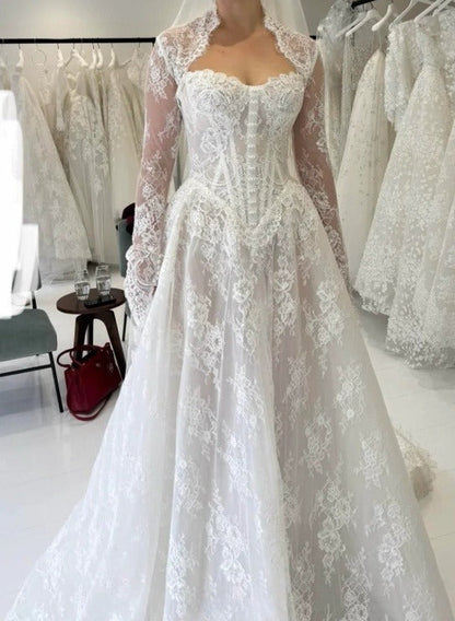 Elegant Long Sleeves White A-Line Lace Long Wedding Dress Bridal Dress, D954