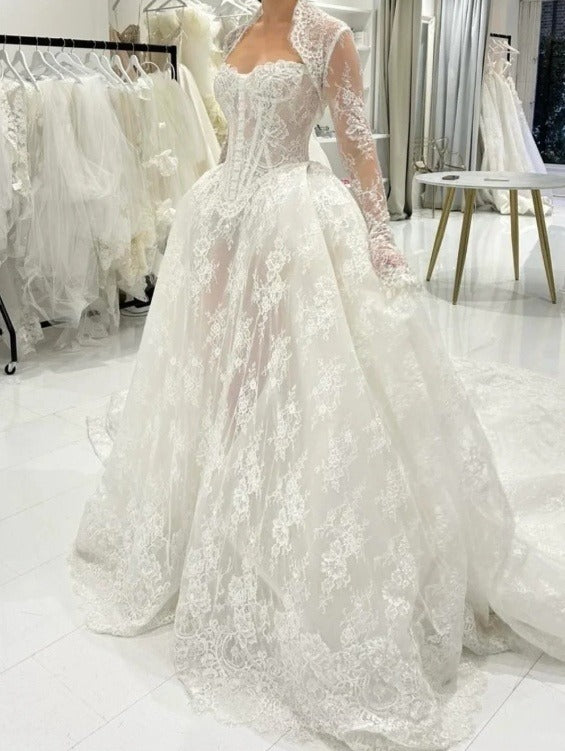 Elegant Long Sleeves White A-Line Lace Long Wedding Dress Bridal Dress, D954