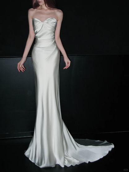Simple Mermaid Sweetheart Neck White Satin Long Sweep Wedding Dress SH4933