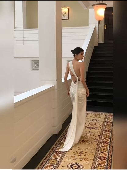 Mermaid One Shoulder Floor-length Sleeveless White Long Prom Dresses SD2003