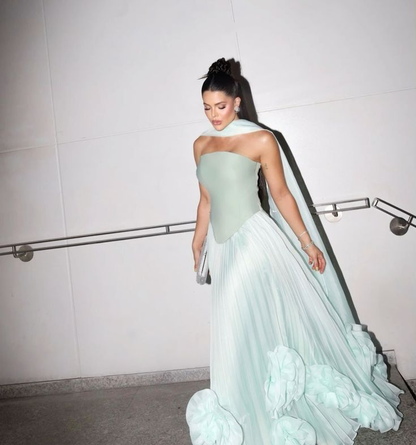 Classy Strapless Light Green Satin Tulle Pleated Long Prom Dress Birthday Party Dress With 3D Flowers  D1029