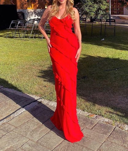 Sexy Backless Straps Black Chiffon Ruffles Slit Prom Dress Party Dress SH1011