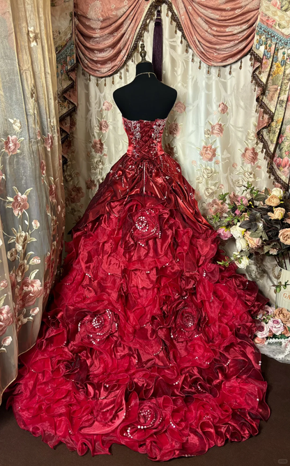 Burgundy Ball Gown Sweetheart Neck Beaded Pleated Satin Prom Dress 18th Birthday Dress SH4926