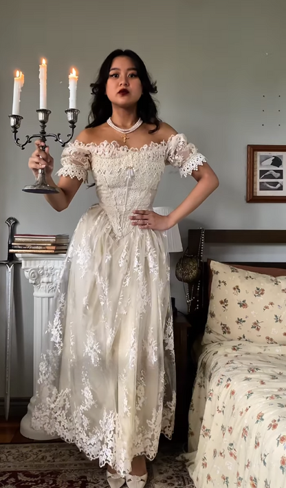 Vintage Ivory A Line Off the Shoulder Lace Satin Tulle Prom Dress Wedding Dress SH4471