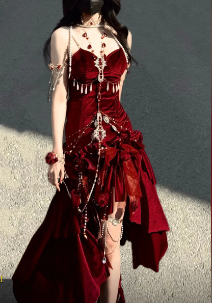 Burgundy Exquisite Mermaid Spaghetti Strap Beaded Velvet Long Party Dress Cocktail Dress(No accessories) SH3593