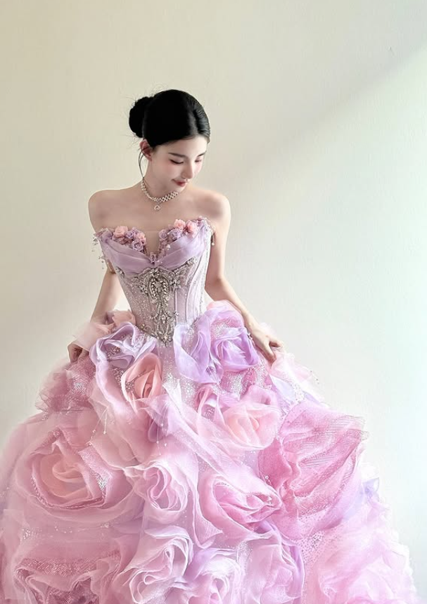 Dreamy Ball Gown Sweetheart Neck Exquisite Beaded Pink Purple Floral Tulle Long Prom Dress SH5036