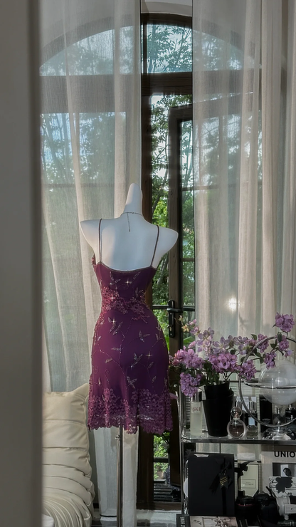 Vintage Spaghetti Straps Purple Lace Appliques Beaded Sheath 8th Grade Homecoming Dress Short Birthday Outfits S724
