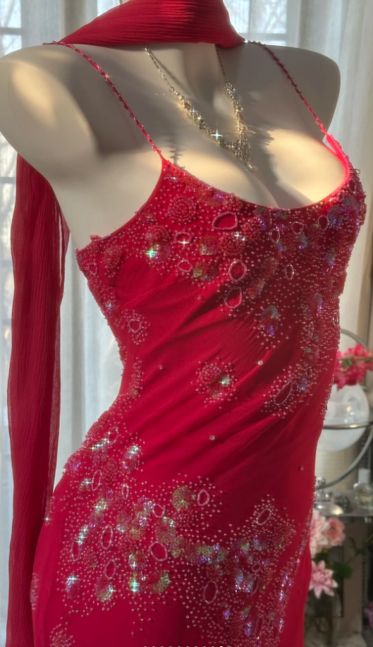 Pretty Red Spaghetti Straps Chiffon Beaded Mermaid Evening Dress Long Birthday Party Dress Prom Gown D1789
