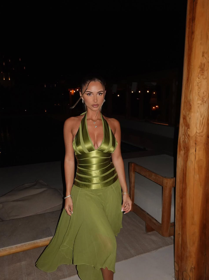 Elegant A Line Halter Green Satin Chiffon Open Back Prom Dress Evening Dress SH2551