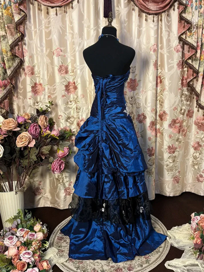 Vintage Strapless Navy Blue Satin Pleated Mermaid Party Dress Long Birthday Prom Dress Evening Gown D2015