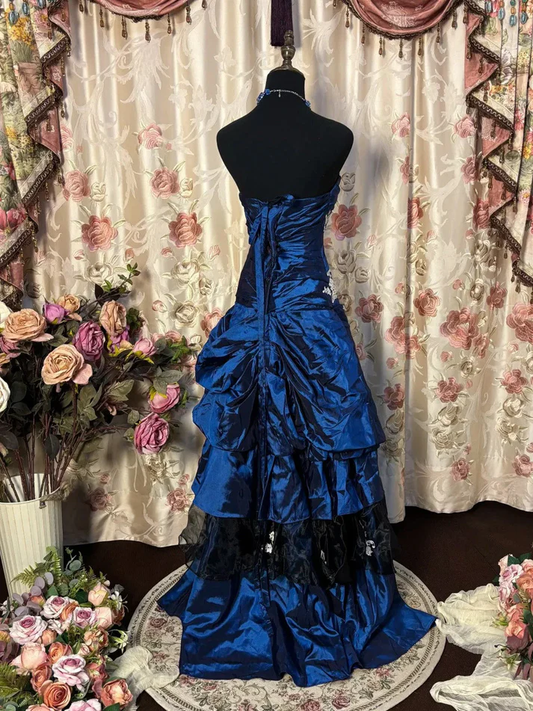 Vintage Strapless Navy Blue Satin Pleated Mermaid Party Dress Long Birthday Prom Dress Evening Gown D2015