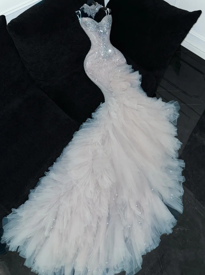 Mermaid Beaded Sweetheart Neck Tulle Long Prom Dress Evening Dress Party Dress SH3615
