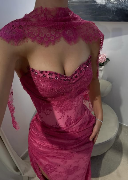 Pink A Line Sweetheart Neck Beaded Lace Prom Dress Evening Dress with Slit SH4438