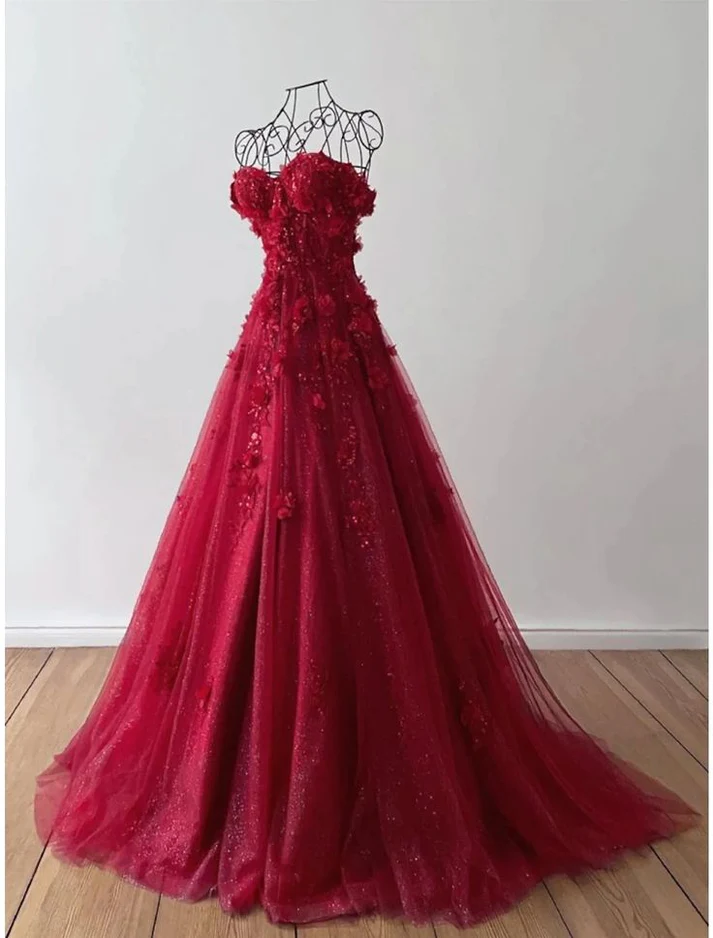 Retro Pink Off Shoulder Tulle Floral Party Dress Tulle Prom Dress Evening Dress SD1747