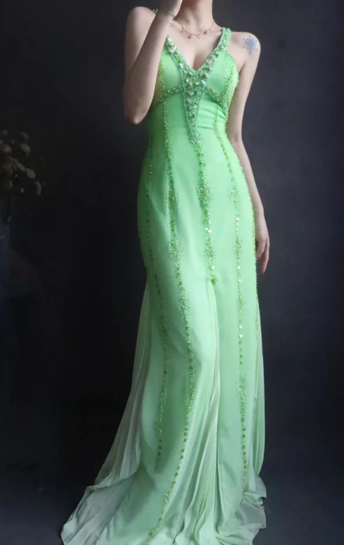 Classy V Neck Green Chiffon Beaded Mermaid Long Party Dress Evening Gown D1903