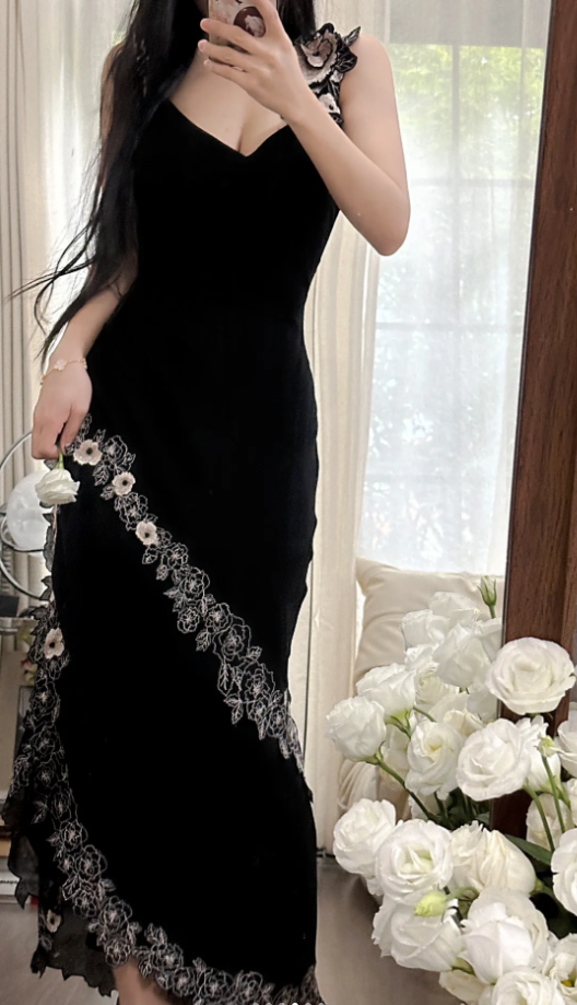 Fashion Spaghetti Straps Black Satin Mermaid Long Party Dress Prom Gown With Appliques D2307