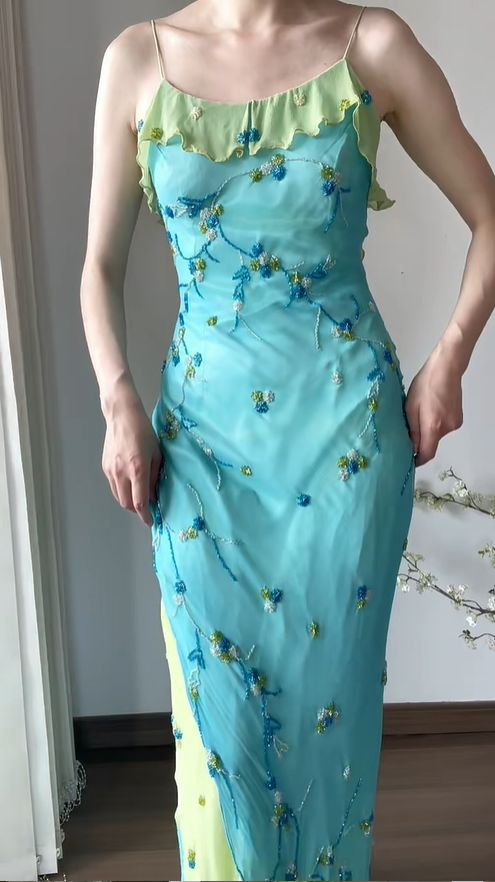 Vintage Spaghetti Straps Chiffon Beaded Blue Mermaid Party Dress Long Evening Gown D949