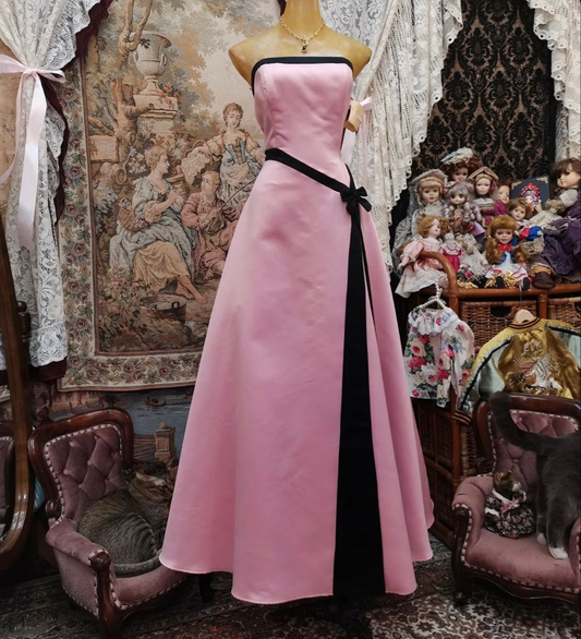 Fashion Pink Strapless Satin A Line Long Wedding Guest Dress Formal Party Dress Birthday Outfits D1539