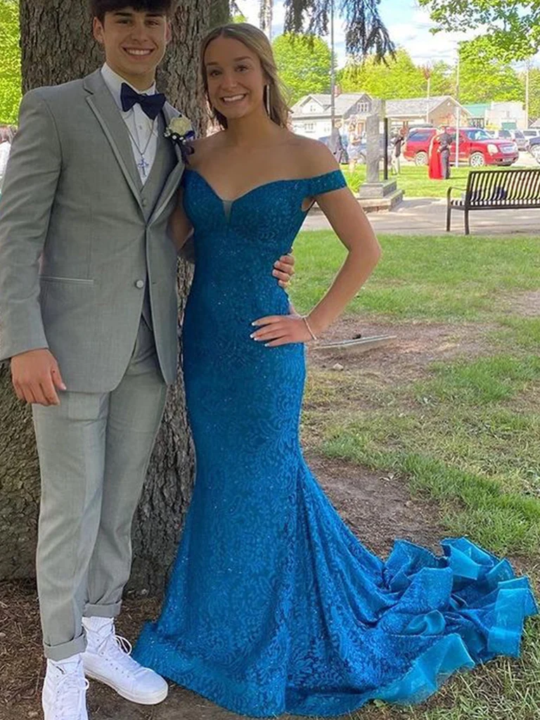 Off Shoulder Blue Mermaid Lace Long Evening Dressesï¼_ormal Prom Dress SH639